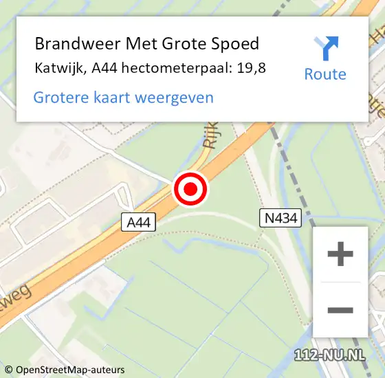 Locatie op kaart van de 112 melding: Brandweer Met Grote Spoed Naar Katwijk, A44 hectometerpaal: 19,8 op 25 juni 2024 14:57