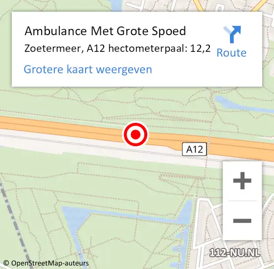 Locatie op kaart van de 112 melding: Ambulance Met Grote Spoed Naar Zoetermeer, A12 hectometerpaal: 12,2 op 25 juni 2024 15:38