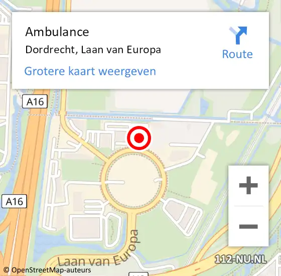 Locatie op kaart van de 112 melding: Ambulance Dordrecht, Laan van Europa op 25 juni 2024 15:46