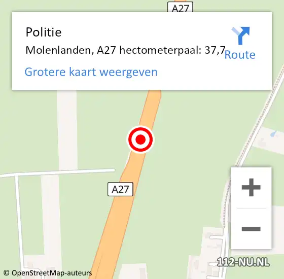 Locatie op kaart van de 112 melding: Politie Molenlanden, A27 hectometerpaal: 37,7 op 25 juni 2024 15:53