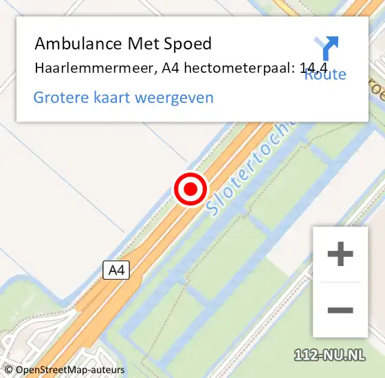 Locatie op kaart van de 112 melding: Ambulance Met Spoed Naar Haarlemmermeer, A4 hectometerpaal: 14,4 op 25 juni 2024 16:08