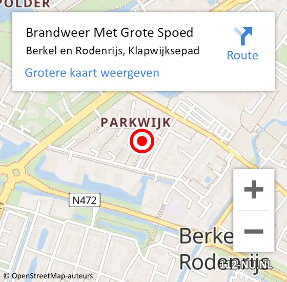 Locatie op kaart van de 112 melding: Brandweer Met Grote Spoed Naar Berkel en Rodenrijs, Klapwijksepad op 25 juni 2024 16:39