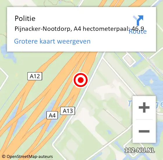 Locatie op kaart van de 112 melding: Politie Pijnacker-Nootdorp, A4 hectometerpaal: 46,9 op 25 juni 2024 16:47