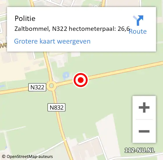 Locatie op kaart van de 112 melding: Politie Zaltbommel, N322 hectometerpaal: 26,6 op 25 juni 2024 16:59