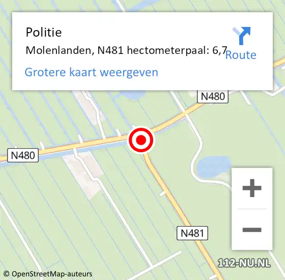 Locatie op kaart van de 112 melding: Politie Molenlanden, N481 hectometerpaal: 6,7 op 25 juni 2024 17:00