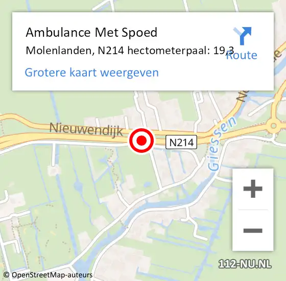 Locatie op kaart van de 112 melding: Ambulance Met Spoed Naar Molenlanden, N214 hectometerpaal: 19,3 op 25 juni 2024 17:16