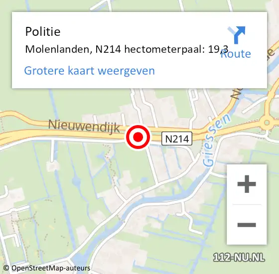 Locatie op kaart van de 112 melding: Politie Molenlanden, N214 hectometerpaal: 19,3 op 25 juni 2024 17:18