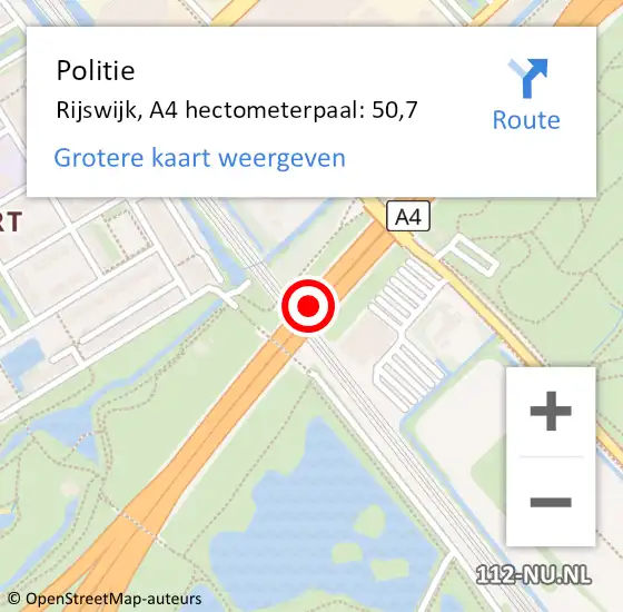 Locatie op kaart van de 112 melding: Politie Rijswijk, A4 hectometerpaal: 50,7 op 25 juni 2024 17:21