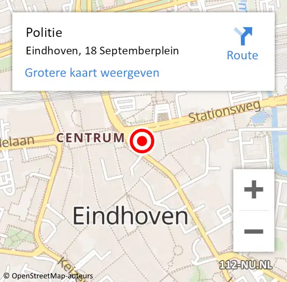 Locatie op kaart van de 112 melding: Politie Eindhoven, 18 Septemberplein op 25 juni 2024 17:46