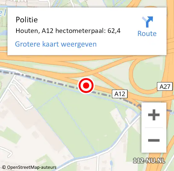 Locatie op kaart van de 112 melding: Politie Houten, A12 hectometerpaal: 62,4 op 25 juni 2024 20:27