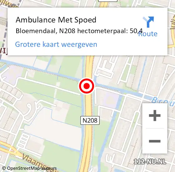 Locatie op kaart van de 112 melding: Ambulance Met Spoed Naar Bloemendaal, N208 hectometerpaal: 50,4 op 25 juni 2024 20:35