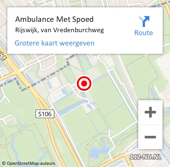 Locatie op kaart van de 112 melding: Ambulance Met Spoed Naar Rijswijk, van Vredenburchweg op 25 juni 2024 21:10