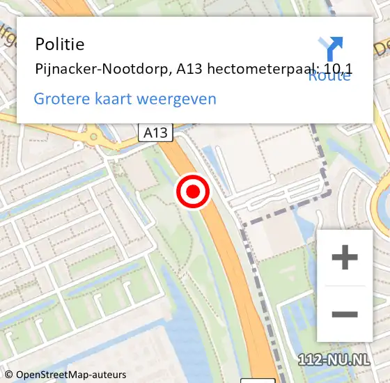 Locatie op kaart van de 112 melding: Politie Pijnacker-Nootdorp, A13 hectometerpaal: 10,1 op 25 juni 2024 21:49