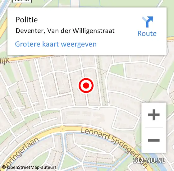 Locatie op kaart van de 112 melding: Politie Deventer, Van der Willigenstraat op 25 juni 2024 22:52