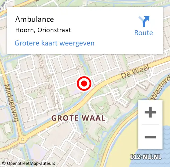 Locatie op kaart van de 112 melding: Ambulance Hoorn, Orionstraat op 25 juni 2024 22:53