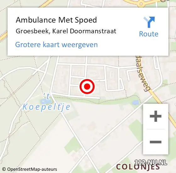 Locatie op kaart van de 112 melding: Ambulance Met Spoed Naar Groesbeek, Karel Doormanstraat op 17 oktober 2013 09:45