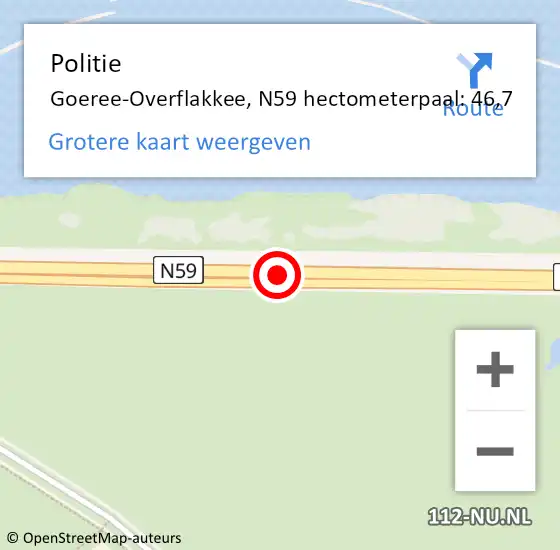 Locatie op kaart van de 112 melding: Politie Goeree-Overflakkee, N59 hectometerpaal: 46,7 op 26 juni 2024 01:16