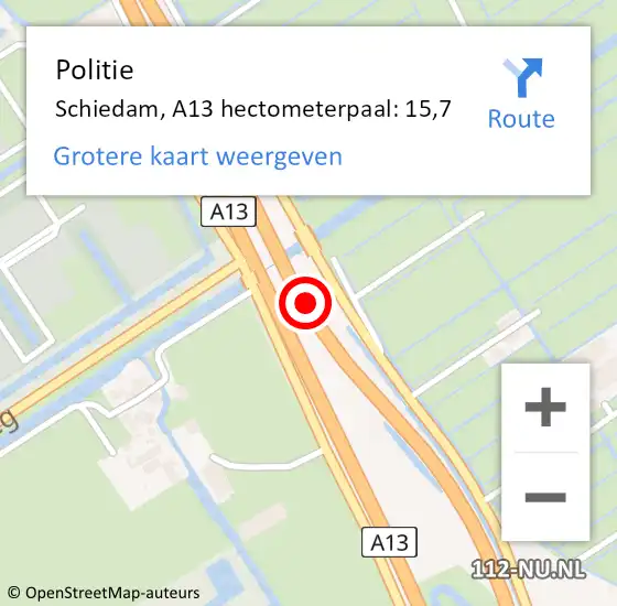 Locatie op kaart van de 112 melding: Politie Schiedam, A13 hectometerpaal: 15,7 op 26 juni 2024 03:55