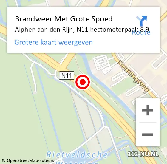 Locatie op kaart van de 112 melding: Brandweer Met Grote Spoed Naar Alphen aan den Rijn, N11 hectometerpaal: 8,9 op 26 juni 2024 05:04