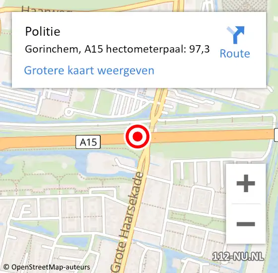 Locatie op kaart van de 112 melding: Politie Gorinchem, A15 hectometerpaal: 97,3 op 26 juni 2024 06:31