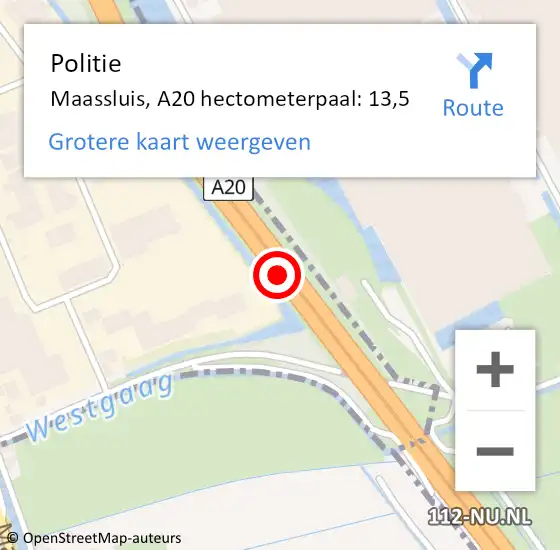 Locatie op kaart van de 112 melding: Politie Maassluis, A20 hectometerpaal: 13,5 op 26 juni 2024 06:53