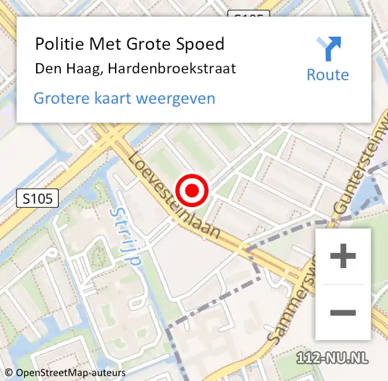 Locatie op kaart van de 112 melding: Politie Met Grote Spoed Naar Den Haag, Hardenbroekstraat op 26 juni 2024 07:23