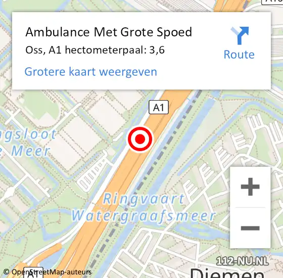 Locatie op kaart van de 112 melding: Ambulance Met Grote Spoed Naar Oss, A1 hectometerpaal: 3,6 op 26 juni 2024 07:34