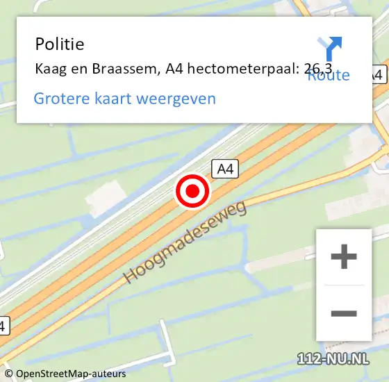 Locatie op kaart van de 112 melding: Politie Kaag en Braassem, A4 hectometerpaal: 26,3 op 26 juni 2024 07:34
