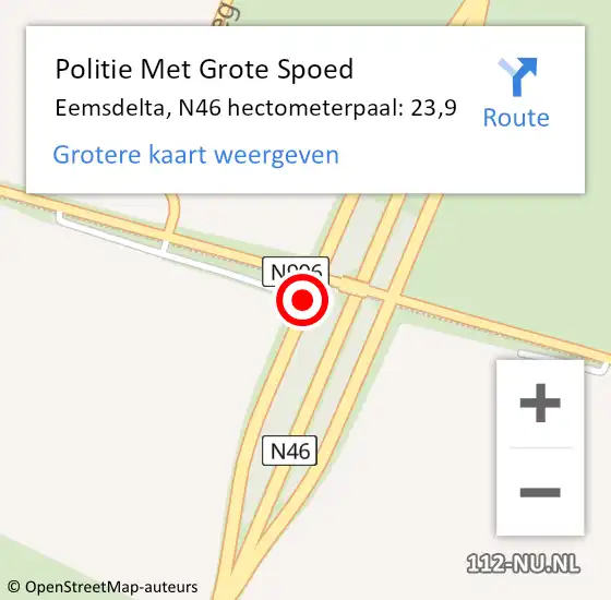 Locatie op kaart van de 112 melding: Politie Met Grote Spoed Naar Eemsdelta, N46 hectometerpaal: 23,9 op 26 juni 2024 08:02