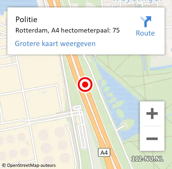 Locatie op kaart van de 112 melding: Politie Rotterdam, A4 hectometerpaal: 75 op 26 juni 2024 09:26