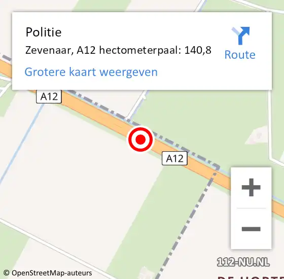 Locatie op kaart van de 112 melding: Politie Zevenaar, A12 hectometerpaal: 140,8 op 26 juni 2024 09:31