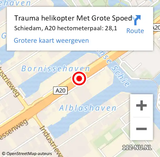 Locatie op kaart van de 112 melding: Trauma helikopter Met Grote Spoed Naar Schiedam, A20 hectometerpaal: 28,1 op 26 juni 2024 10:05