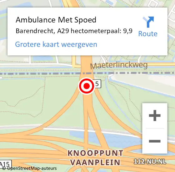 Locatie op kaart van de 112 melding: Ambulance Met Spoed Naar Barendrecht, A29 hectometerpaal: 9,9 op 26 juni 2024 11:03