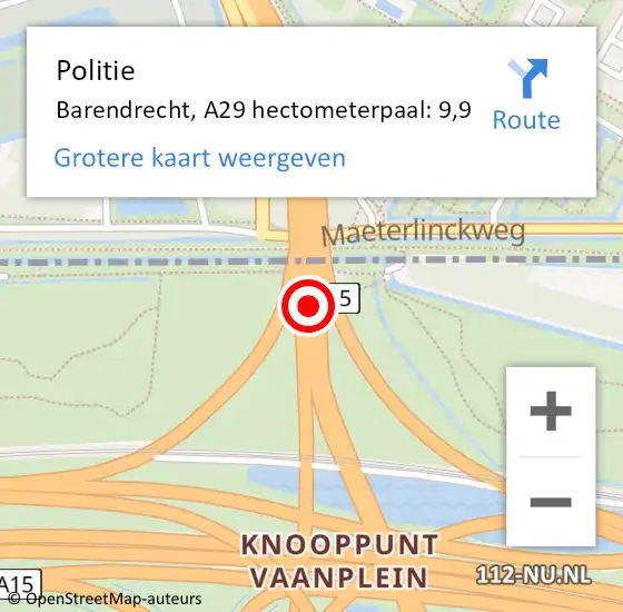 Locatie op kaart van de 112 melding: Politie Barendrecht, A29 hectometerpaal: 9,9 op 26 juni 2024 11:14