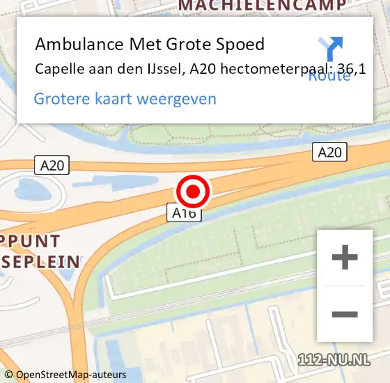 Locatie op kaart van de 112 melding: Ambulance Met Grote Spoed Naar Capelle aan den IJssel, A20 hectometerpaal: 36,1 op 26 juni 2024 11:31