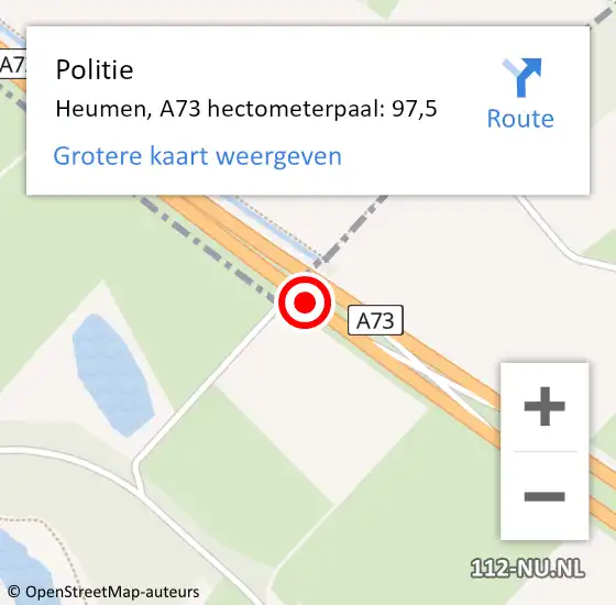 Locatie op kaart van de 112 melding: Politie Heumen, A73 hectometerpaal: 97,5 op 26 juni 2024 11:57