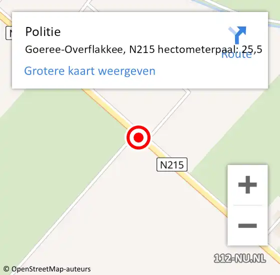 Locatie op kaart van de 112 melding: Politie Goeree-Overflakkee, N215 hectometerpaal: 25,5 op 26 juni 2024 12:26
