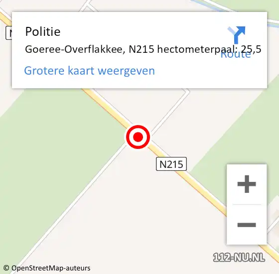 Locatie op kaart van de 112 melding: Politie Goeree-Overflakkee, N215 hectometerpaal: 25,5 op 26 juni 2024 12:29