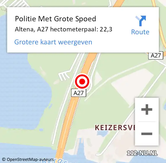 Locatie op kaart van de 112 melding: Politie Met Grote Spoed Naar Altena, A27 hectometerpaal: 22,3 op 26 juni 2024 12:41