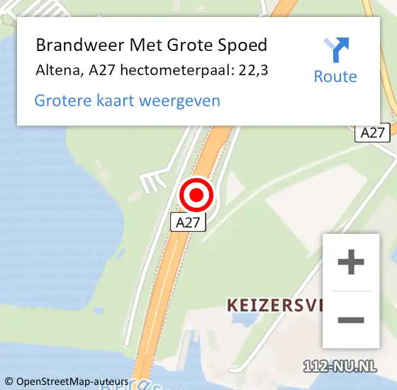 Locatie op kaart van de 112 melding: Brandweer Met Grote Spoed Naar Altena, A27 hectometerpaal: 22,3 op 26 juni 2024 12:45