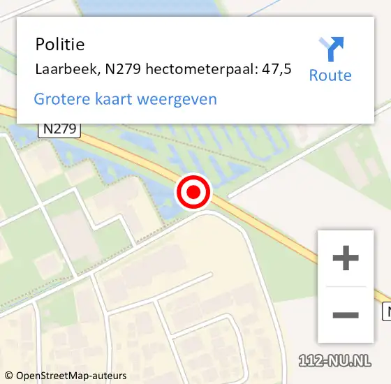 Locatie op kaart van de 112 melding: Politie Laarbeek, N279 hectometerpaal: 47,5 op 26 juni 2024 13:10