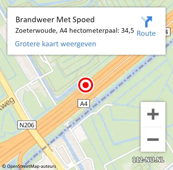 Locatie op kaart van de 112 melding: Brandweer Met Spoed Naar Zoeterwoude, A4 hectometerpaal: 34,5 op 26 juni 2024 13:12