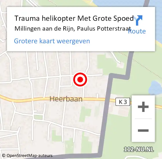 Locatie op kaart van de 112 melding: Trauma helikopter Met Grote Spoed Naar Millingen aan de Rijn, Paulus Potterstraat op 26 juni 2024 14:19
