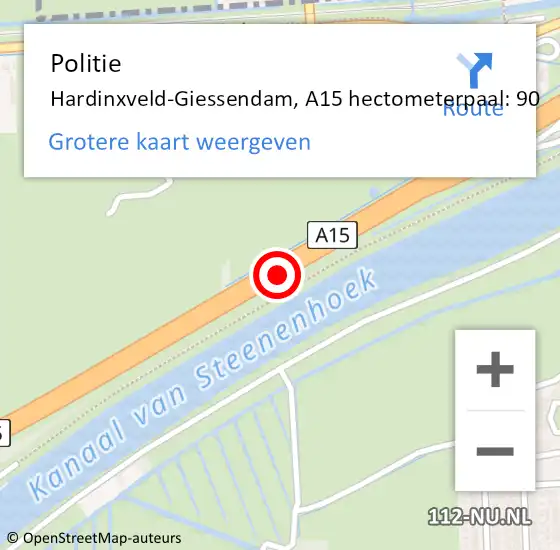 Locatie op kaart van de 112 melding: Politie Hardinxveld-Giessendam, A15 hectometerpaal: 90 op 26 juni 2024 14:48