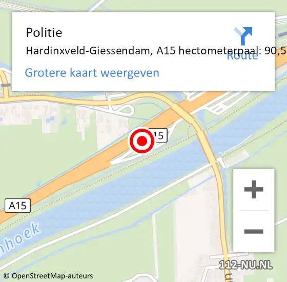 Locatie op kaart van de 112 melding: Politie Hardinxveld-Giessendam, A15 hectometerpaal: 90,5 op 26 juni 2024 14:51