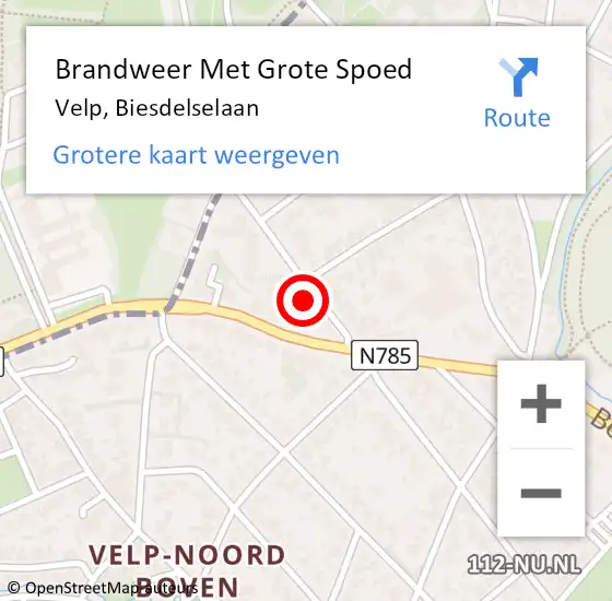 Locatie op kaart van de 112 melding: Brandweer Met Grote Spoed Naar Velp, Biesdelselaan op 26 juni 2024 15:38