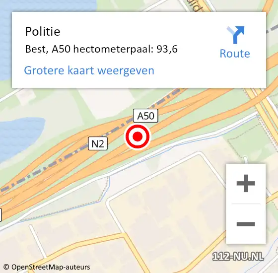 Locatie op kaart van de 112 melding: Politie Best, A50 hectometerpaal: 93,6 op 26 juni 2024 16:11