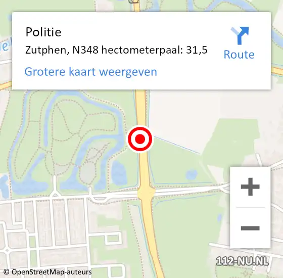 Locatie op kaart van de 112 melding: Politie Zutphen, N348 hectometerpaal: 31,5 op 26 juni 2024 16:32