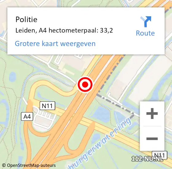 Locatie op kaart van de 112 melding: Politie Leiden, A4 hectometerpaal: 33,2 op 26 juni 2024 16:48