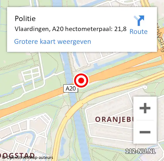 Locatie op kaart van de 112 melding: Politie Vlaardingen, A20 hectometerpaal: 21,8 op 26 juni 2024 16:49